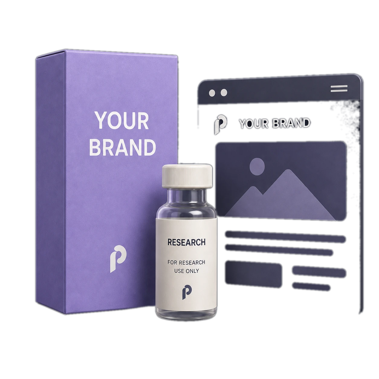 A branded business kit: lilac packaging box, research vial, and storefront website preview